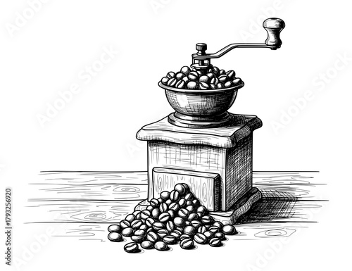 Antique Coffee Grinder with Beans in Vintage Engraving Style. Vector Illustration for Slow Living and Coffee Culture.