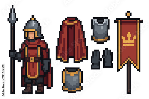 Pixel art medieval knight character in full armor with spear and shield, accompanied by a decorative banner and interchangeable armor pieces.