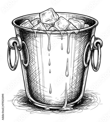 Hand-Drawn Ice Bucket with Melting Cubes in Classic Sketch Style. Vector Illustration for Refreshment Concepts.