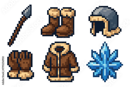 Pixel art set of winter clothing and accessories including boots, gloves, coat, hat, spear, and ice crystal, all with fur details.