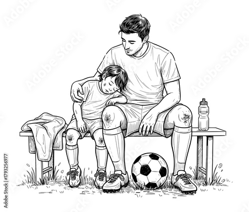 Father Comforting Son After Soccer Game in Realistic Line Art. Vector Illustration for Family Support Concept.
