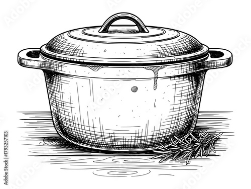Vintage Engraving of Cast Iron Dutch Oven. Rustic Culinary Vector Illustration for Slow Living.