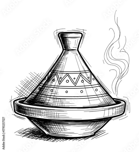 Hand-Drawn Moroccan Tagine Pot in Vintage Sketch Style. Vector Illustration for Culinary Tradition.