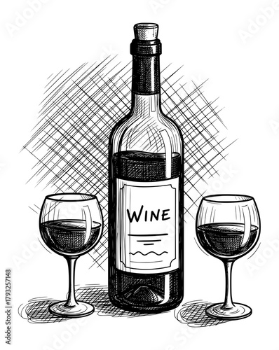 Hand-Drawn Wine Bottle and Glasses in Classic Sketch Style. Vector Illustration for Celebration and Wine Culture.