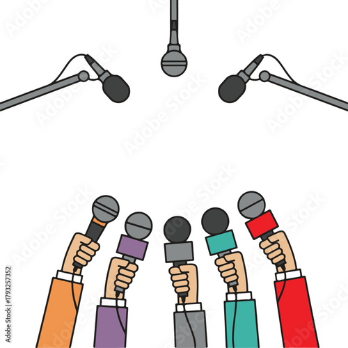 Hands holding microphones for press conference, colorful flat media event vector illustration