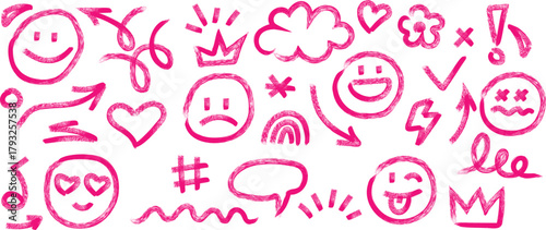 Collection of hand drawn pink doodles featuring smiley faces hearts arrows clouds and more on white background