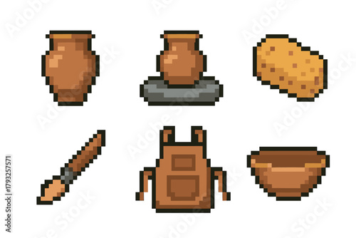 Pixelated icons of pottery-related items, including a vase, pot on a wheel, sponge, paintbrush, apron, and bowl, representing ceramic crafting tools.