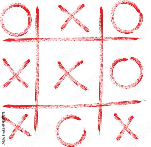 Hand drawn tic tac toe game grid with xs and os showing a drawn game on white background
