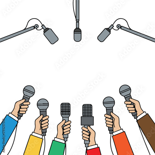 Multiple hands holding interview microphones, busy press conference flat vector illustration