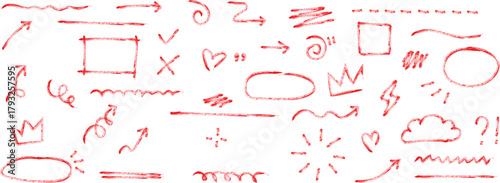 Collection of hand drawn doodle elements in pink and red on white background for design and illustration