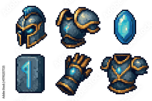 Set of pixel art medieval armor pieces including helmet, gauntlets, breastplate, and magical blue gemstone with intricate designs.