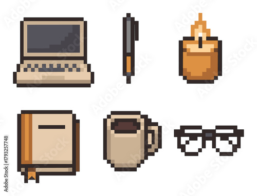 Pixel art icons depicting a laptop, pen, lit candle, closed book, coffee mug, and glasses, showcasing simple yet nostalgic digital designs.