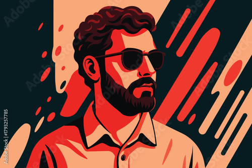 Stylish Bearded Man in Sunglasses Portrait Illustration With Bold Red and Orange Abstract Background