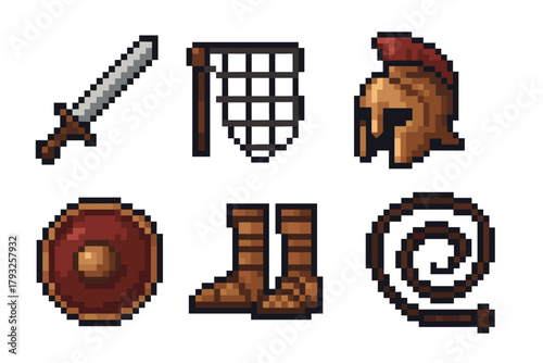 Pixel art icons of ancient gladiator weapons and armor, featuring a sword, net, helmet, shield, boots, and whip in a simple, colorful style.