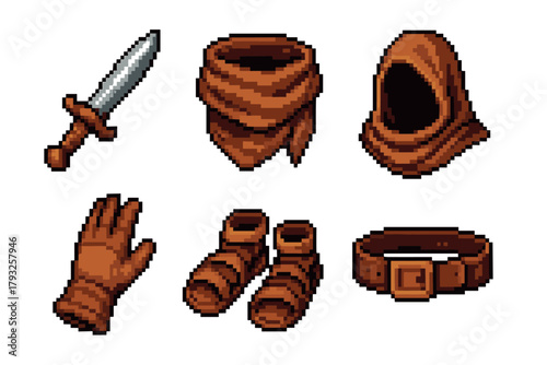 Pixel art depiction of a medieval adventurer's accessories, including a dagger, hood, gloves, belt, boots, and scarf, with a retro video game aesthetic.