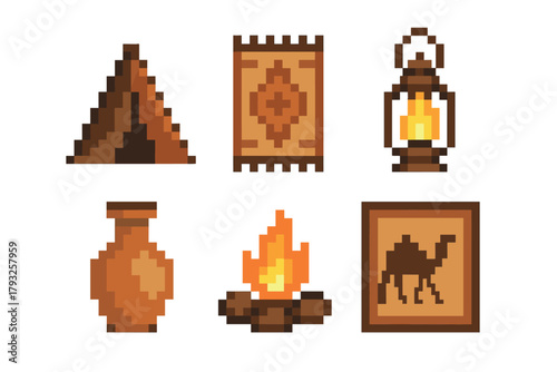 Six retro pixel art icons including a triangular tent, an ornate rug, a lantern with a glowing light, a clay pot, a campfire, and a framed camel picture.
