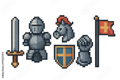 Pixelated icons of a medieval knight's armor set, featuring a sword, helmet, warhorse, shield, armored glove, and flag with a cross.