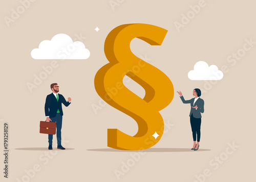 Advocate and jurist looking at paragraph sign. Legal problems concept. Colleague interaction and communication in legislation. Flat vector illustration