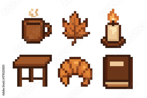 Six pixel art icons including a steaming coffee mug, autumn leaf, lit candle, wooden table, croissant, and a closed book.