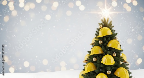 Christmas tree decorated with yellow construction helmets against a snowy and bokeh background scene
