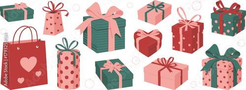 Assorted Gift Boxes and Shopping Bag With Hearts Keywords: gift box, present, shopping bag