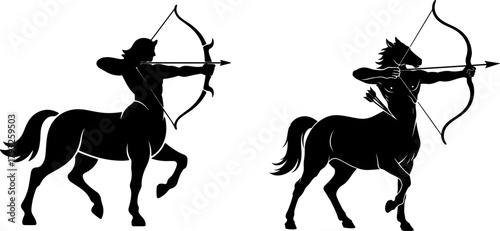 Dynamic centaur archers aiming bows in powerful black silhouette style blending myth, strength and action