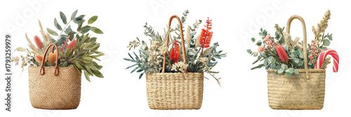 Woven Baskets with Dried Flowers and Candy Cane isolated on a transparent background