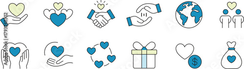 Community love, charity hand and heart doodle line icon.  Concept icons for charity, community trust, collaboration, and human solidarity.  The line is a hand-drawn doodle sketch.  Vector illustration