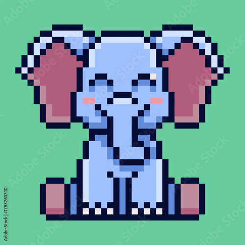 A pixel art of adorable baby elephant sitting with large ears and a sweet expression. This lovable animal sprite is perfect for children's games and brand mascot