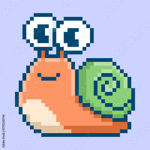 A retro pixel art of snail with big googly eyes. This cute and adorable 8-bit mollusk features a colorful shell and a friendly smile, perfect for mascot or character sprite