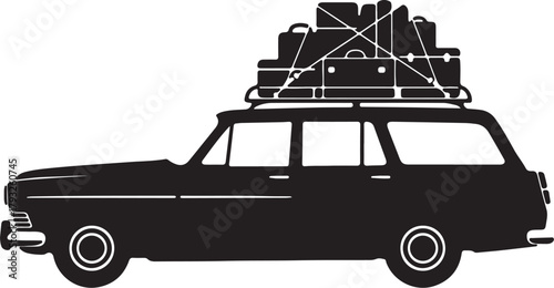 Black Silhouette of a Vintage Station Wagon Car Loaded with Luggage on a Roof Rack retro automobile on transparent background