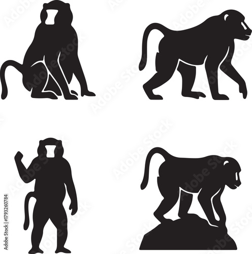 Four black silhouette figures of baboons in different poses on a white background Keywords: baboon, monkey, primate, animal, wildlife, mammal, ape, creature, zoo, safari, on transparent background