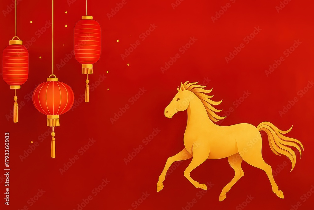 Fototapeta premium 2026 new year celebration with golden horse and lanterns.