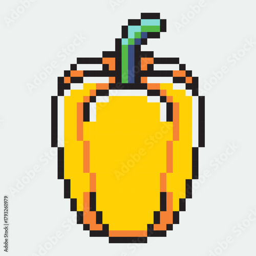 A retro pixel art of yellow bell pepper or paprika designed. This 8-bit of a crisp capsicum is a perfect symbol for healthy eating, fresh produce, and cooking ingredients