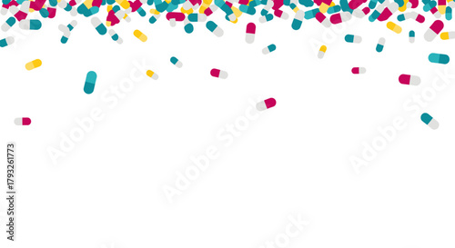 A captivating illustration featuring a playful cascade of various colored pills and capsules against a pristine white canvas, perfect for health-related themes and pharmaceutical designs