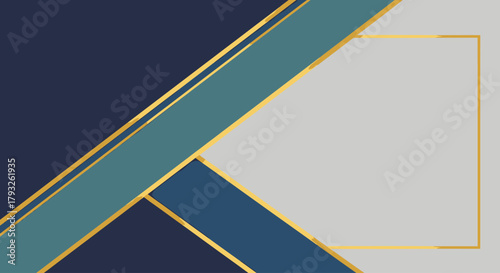 Abstract geometric background featuring modern color blocking in navy blue and teal with elegant gold line details