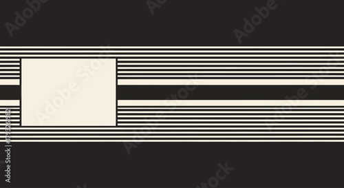 Abstract geometric minimalist design featuring a light square intersecting horizontal black, white, and beige lines. Modern graphic composition on a dark background