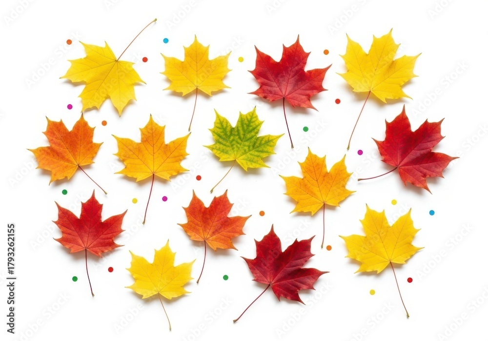 Fototapeta premium Scattered autumn maple leaves in various colors, isolated on white background