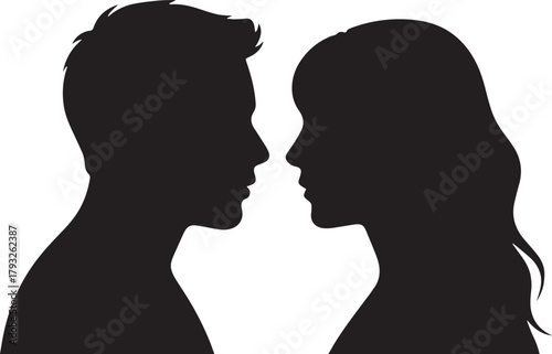 Male & Female Head Silhouettes – Facing Profiles for Love, Romance, Communication & Relationship Concepts — Vector Illustration