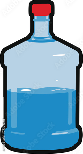 Large plastic water jug with red cap, simple beverage container vector illustration