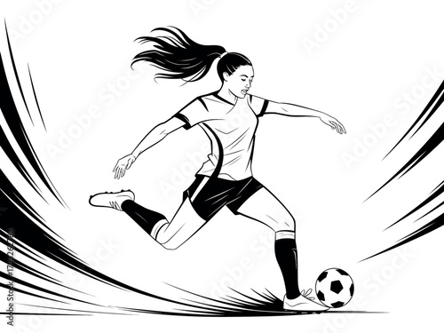 A young woman kicks a soccer ball during a dynamic game.