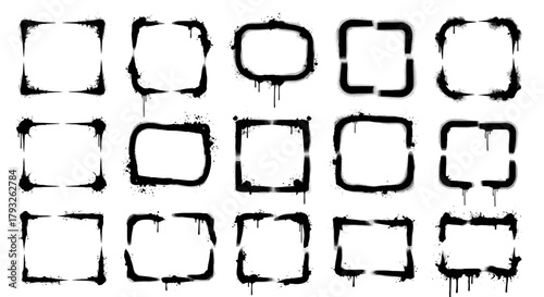 Set of various grunge spray paint frames with drips and splatters perfect for urban and street art designs.