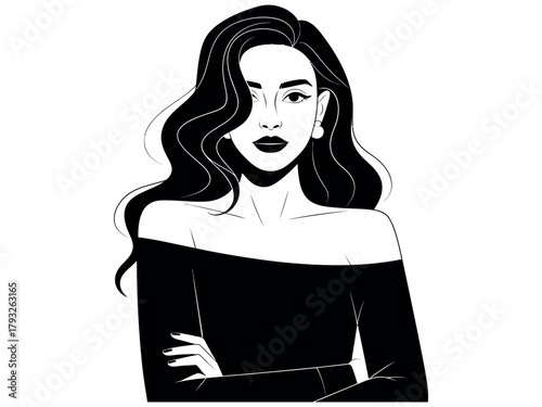 A confident woman with dark wavy hair and red lipstick poses with her arms crossed.