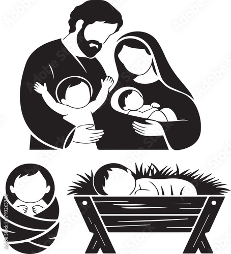 Holy family nativity scene with baby Jesus in manger and swaddled infant