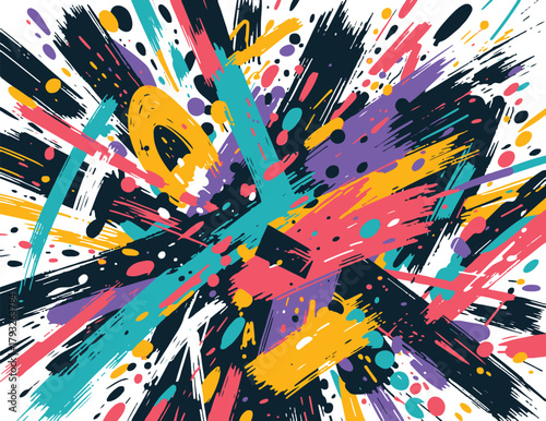 A vivid abstract pattern featuring neon brush strokes, geometric diamonds, and playful dots. Perfect for bold branding, backgrounds, or textiles needing energetic