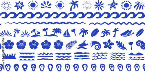 Collection of blue tropical beach and ocean icons and patterns on a white background