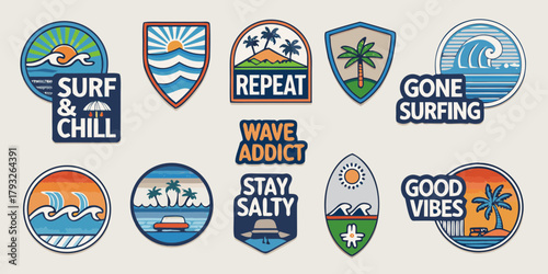 Collection of surf and beach themed stickers with positive messages and ocean imagery