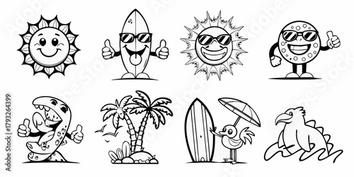 Collection of fun cartoon characters enjoying a tropical beach vacation with sunglasses and thumbs up