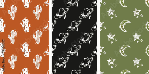 Hand drawn western themed seamless patterns featuring cacti cowboy hats and celestial elements