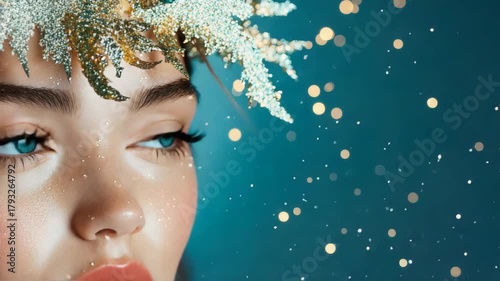 A girl displays her stunning blue eyes and unique makeup with sparkles, creating a magical and festive atmosphere